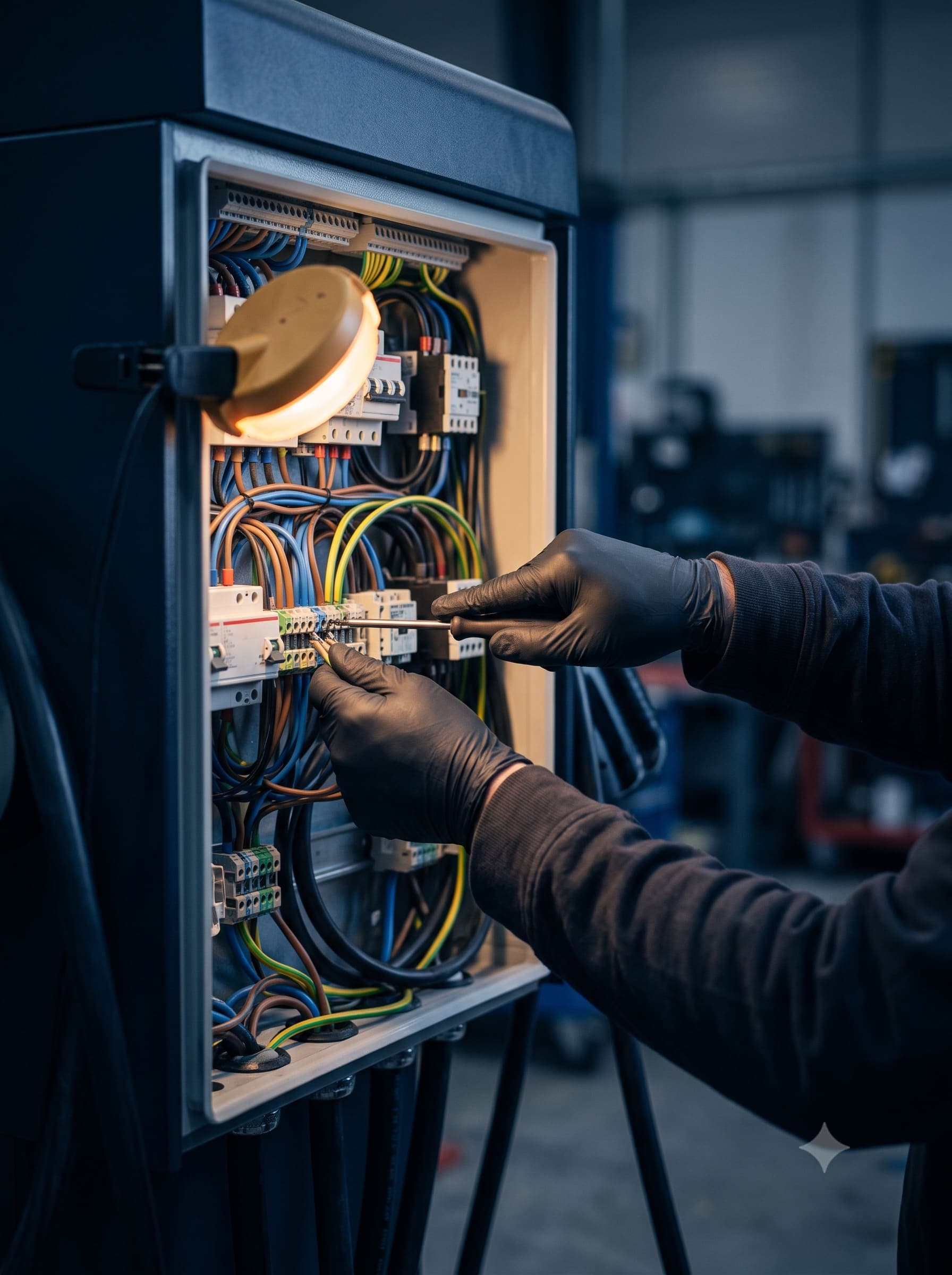 Saha ekibi bir elektrik panosunda bakım yapıyor